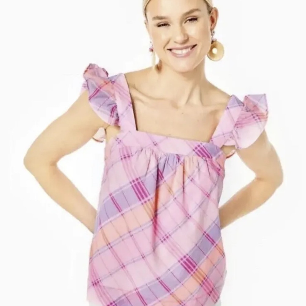 Lilly‎ Pulitzer NWT Reyna Top Pink Isle Madras Plaid Cotton Ruffle Sleeve